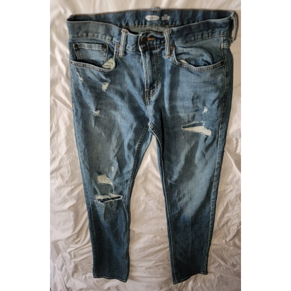 Old Navy Jeans Mens 32x34 Slim Fit Destructed Thrashed Grunge Dark Wash Casual